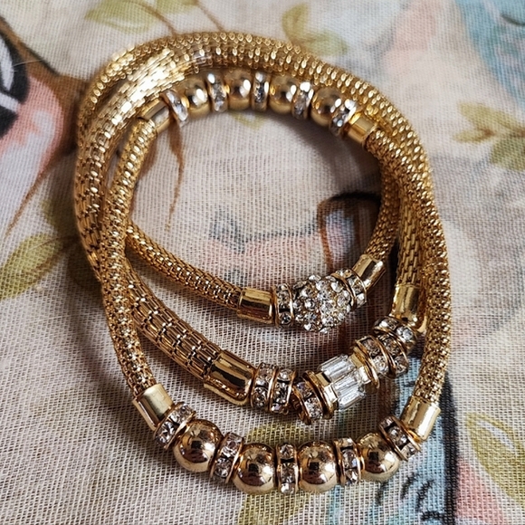 3 Gold Tone Metal Mesh Tube Clear  Rhinestone Bracelets New York & Company NWT - Picture 7 of 13